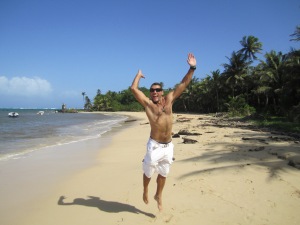 being silly on the beach only 50 metres away from our jungle house at Ensuenos